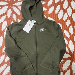 Nike Kids Olive Green Full-Zip Hooded Sweatshirt with White Logo